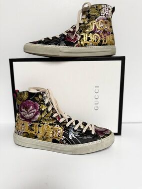 Gucci Women’s Sylvie Blind For Love Floral Jacquard High Top Sneakers Size 38.5